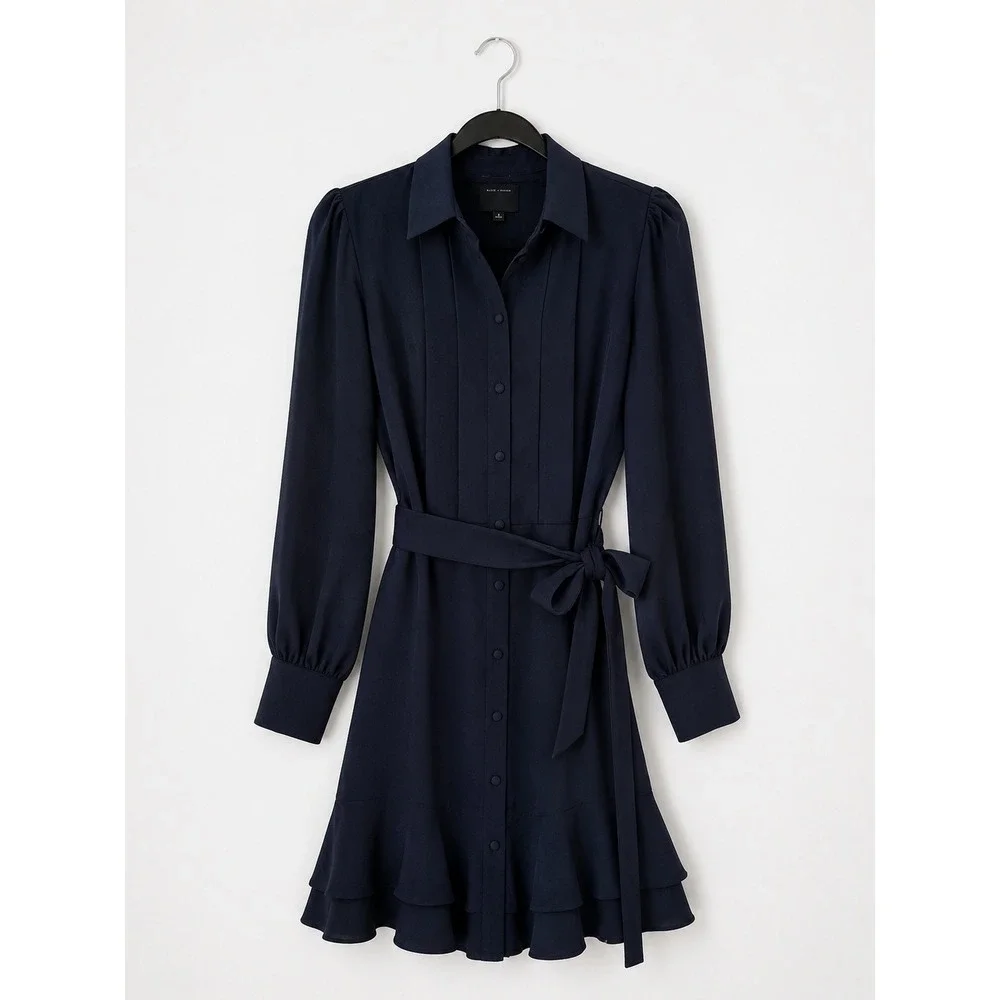 Alex Marie Navy Blue Pleated Ruffle Hem Long Sleeve Shirt Dress 4 NWOT